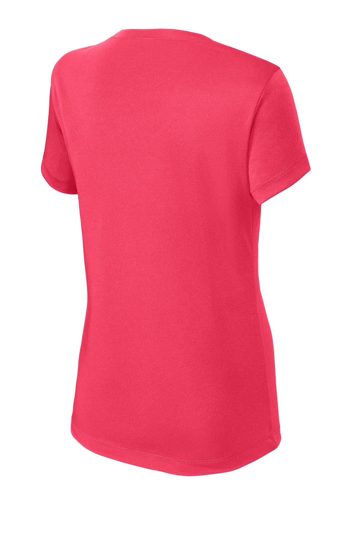 Rear View of Hot Coral Sport-Tek Women's PosiCharge Competitor V-Neck Tee. LST353