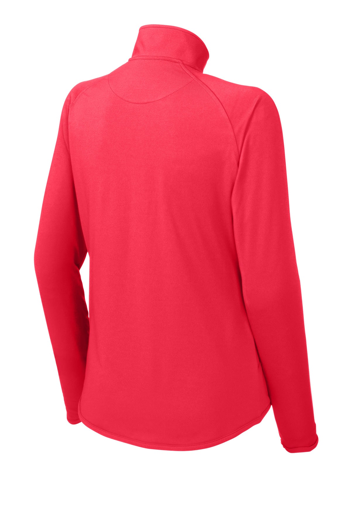 Rear View of Hot Coral Sport-Tek Women's Sport-Wick Stretch 1/4-Zip Pullover. LST850