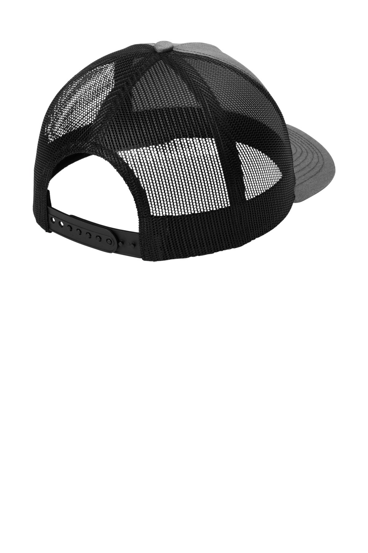 Rear View of HtGrey/Blk Port Authority Low-Profile Snapback 5-Panel Trucker Cap C405LP