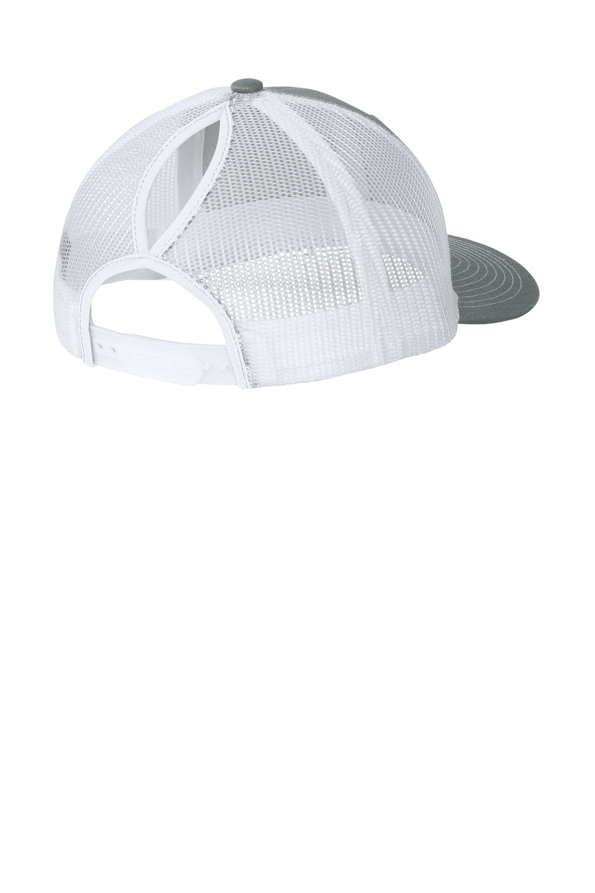 Rear View of HtGy/White Port Authority Snapback Ponytail Trucker Cap LC401