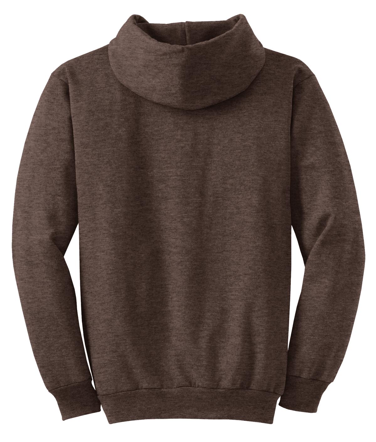 Rear View of Hthr Dk Chc Bn Port & Co Core Fleece Pullover Hooded Sweatshirt. PC78H