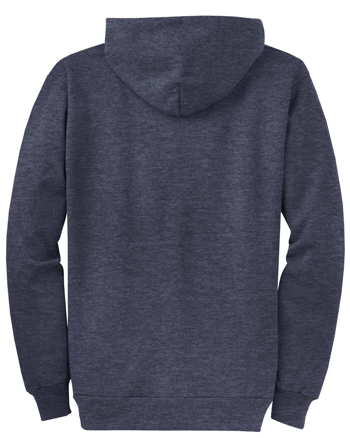 Rear View of Hthr Navy Port & Co Core Fleece Full-Zip Hooded Sweatshirt. PC78ZH