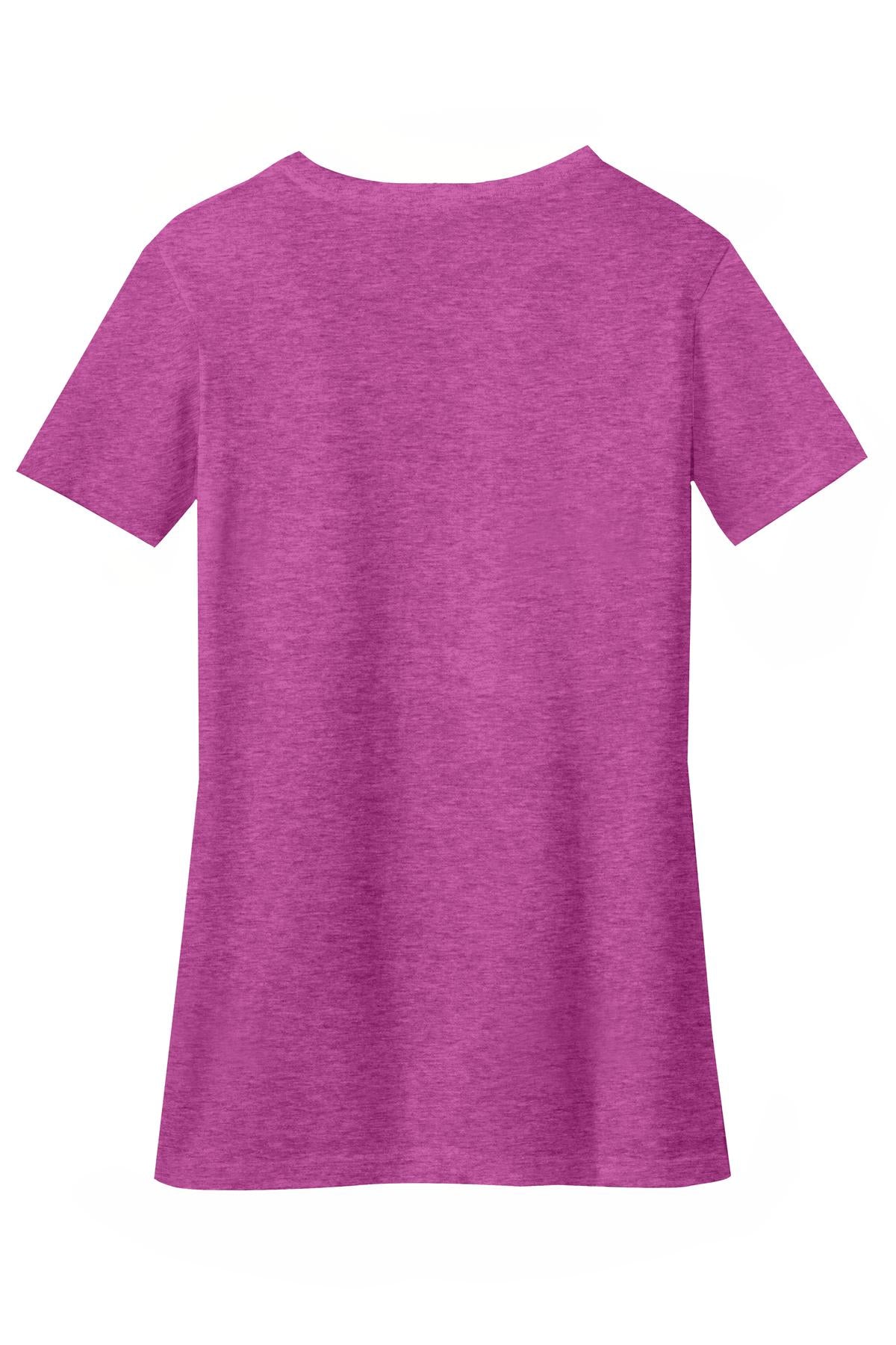 Rear View of Hthr Pink Rasp District Women's Perfect Blend CVC V-Neck Tee. DM1190L