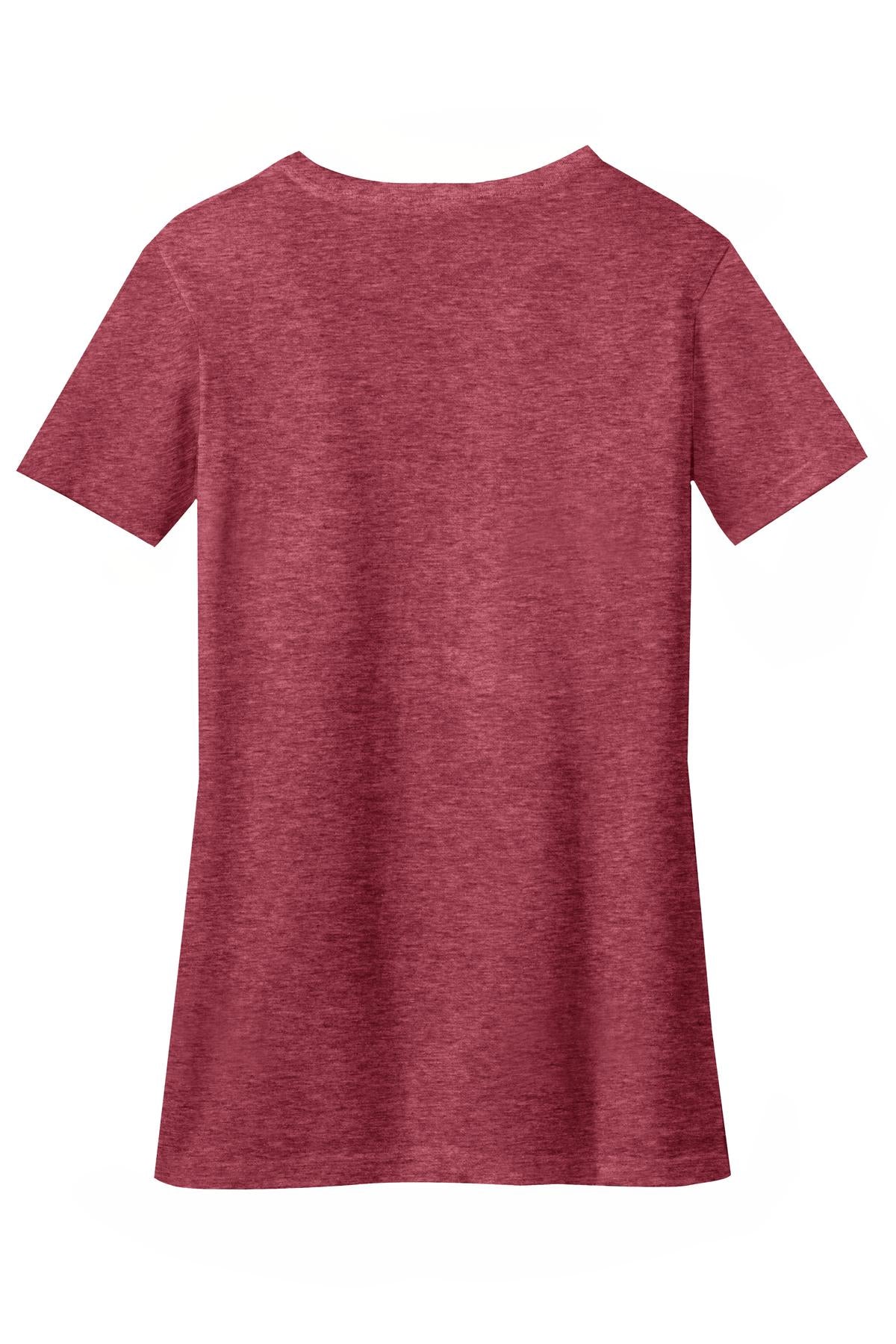 Rear View of Hthr Red District Women's Perfect Blend CVC V-Neck Tee. DM1190L