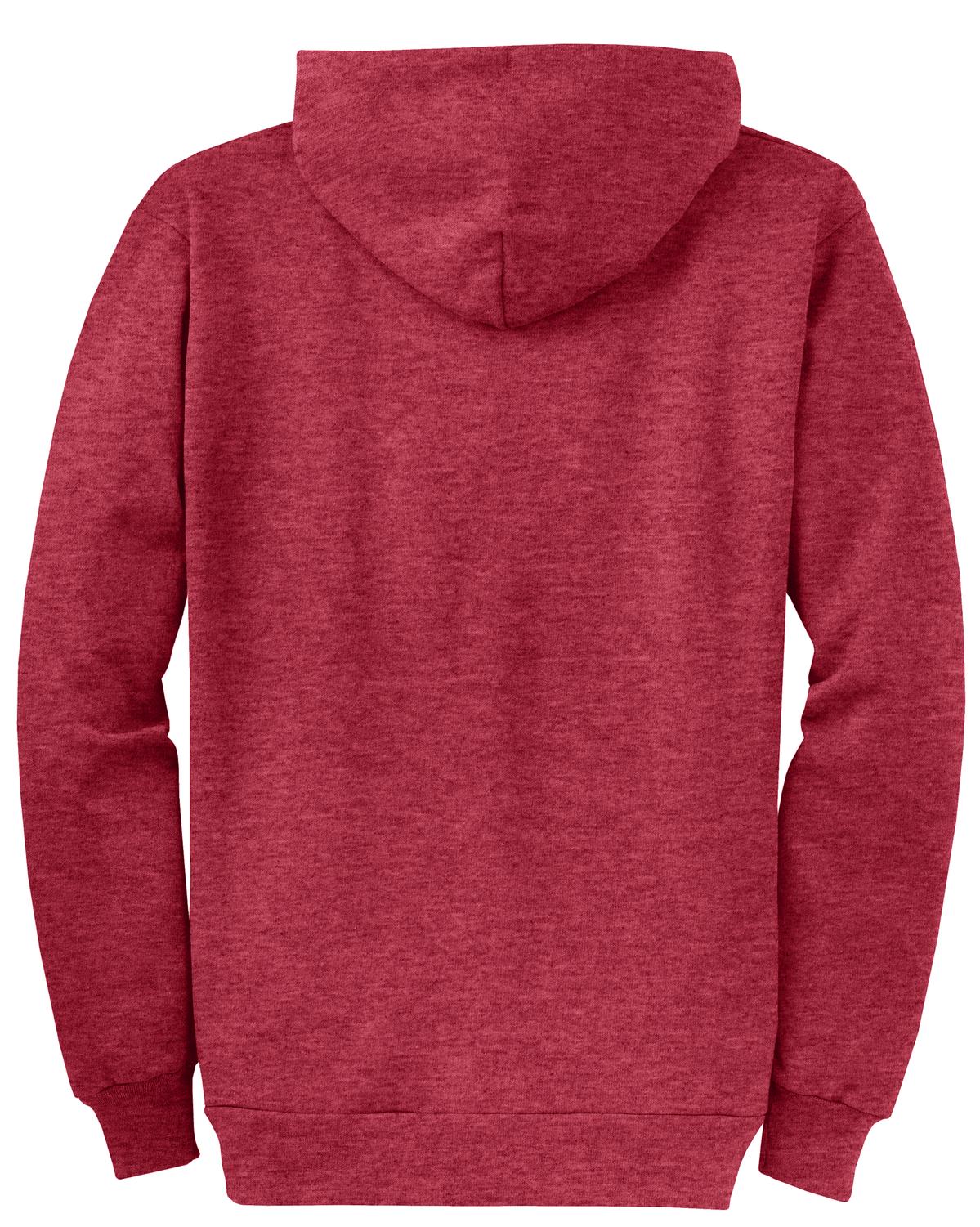 Rear View of Hthr Red Port & Co Core Fleece Full-Zip Hooded Sweatshirt. PC78ZH