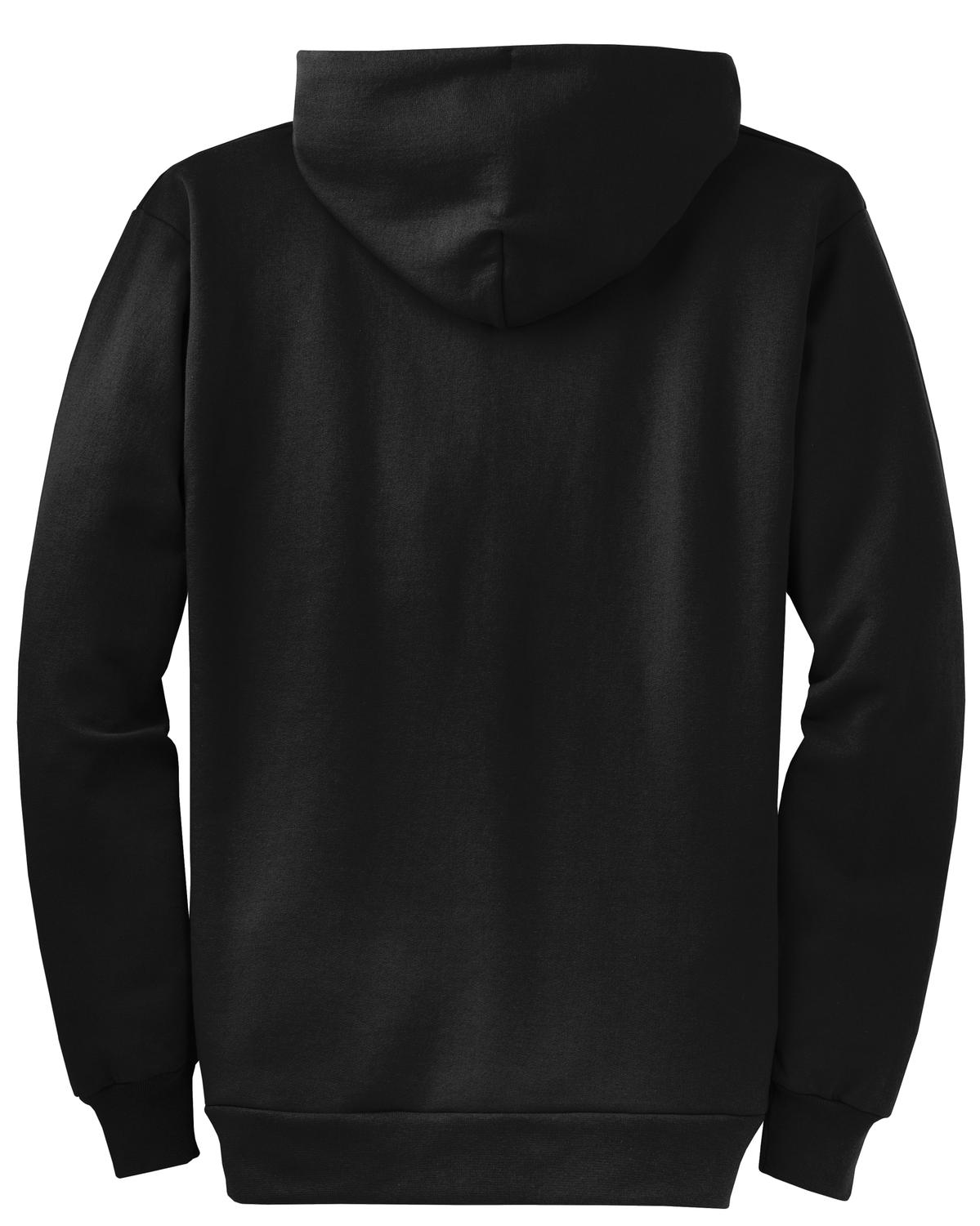 Rear View of Jet Black Port & Co Core Fleece Full-Zip Hooded Sweatshirt. PC78ZH