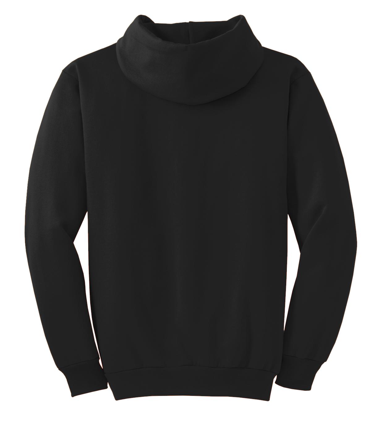 Rear View of Jet Black Port & Co Essential Fleece Pullover Hooded Sweatshirt. PC90H