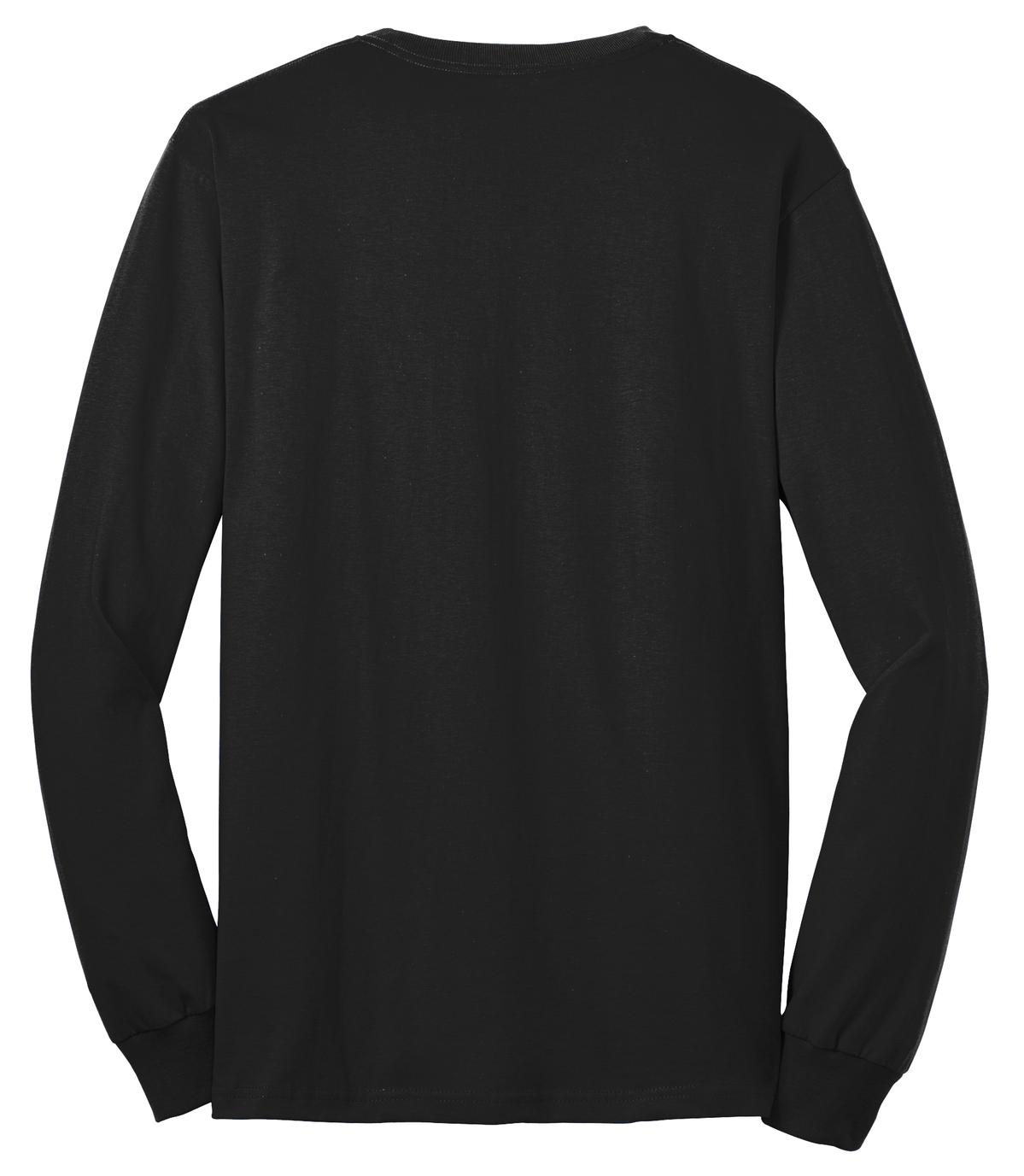 Rear View of Jet Black Port & Co Long Sleeve Core Blend Tee. PC55LS