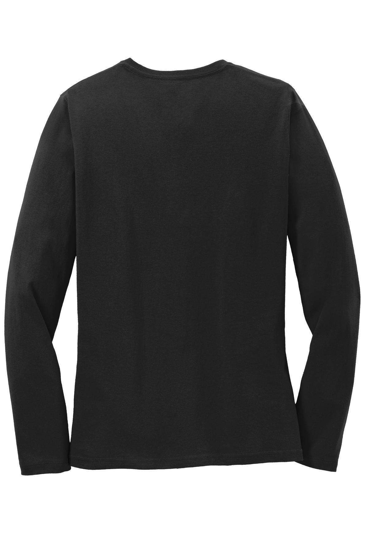 Rear View of Jet Black Port & Co Women's Long Sleeve Core Cotton Tee. LPC54LS