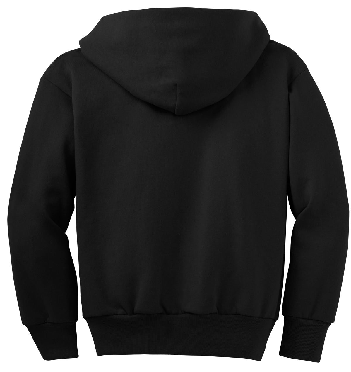 Rear View of Jet Black Port & Co Youth Core Fleece Full-Zip Hooded Sweatshirt. PC90YZH