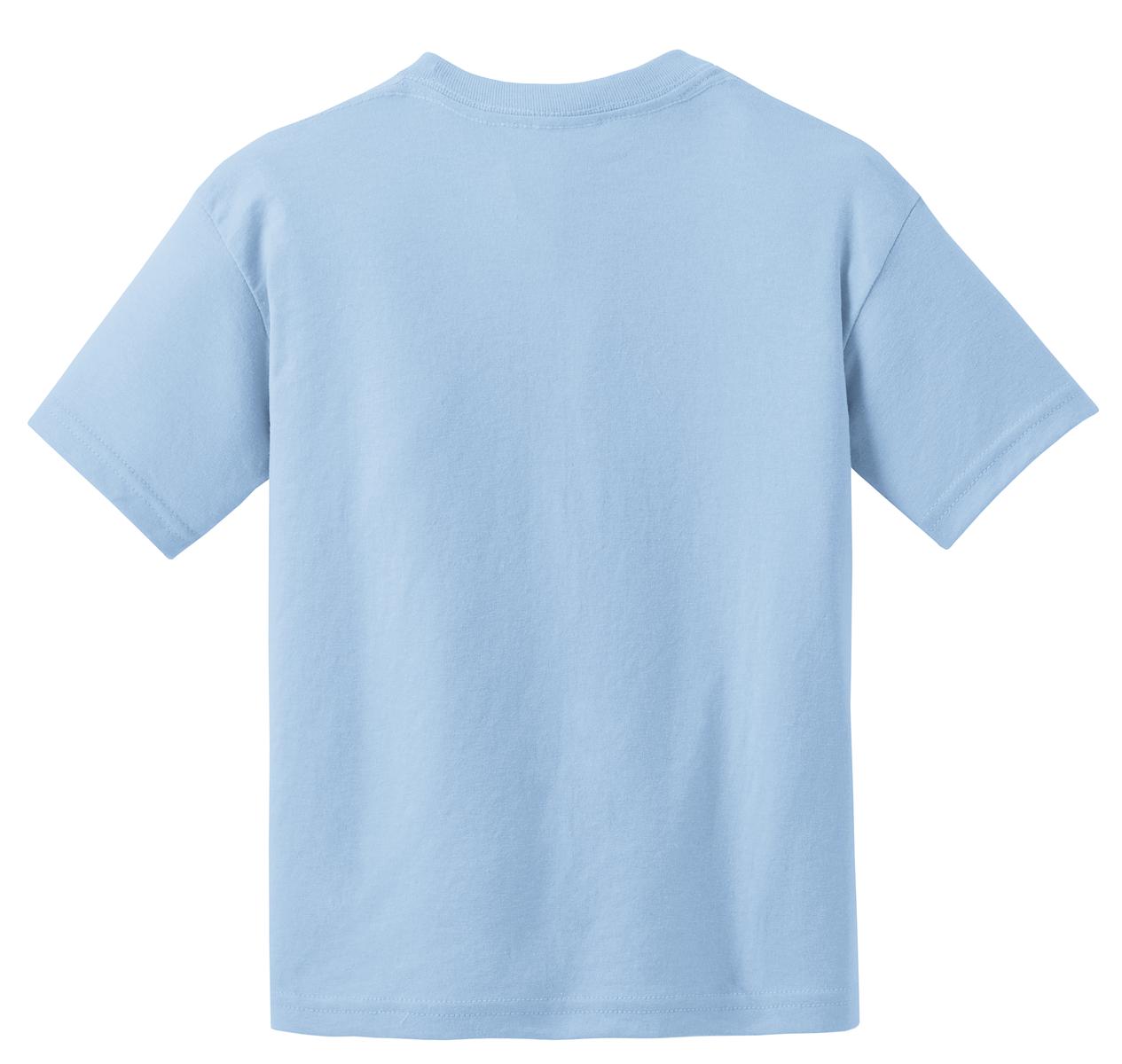 Rear View of Light Blue Gildan Youth DryBlend 50 Cotton/50 Poly T-Shirt. 8000B