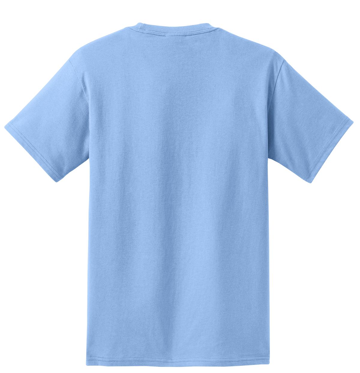 Rear View of Light Blue Port & Co Essential Pocket Tee. PC61P