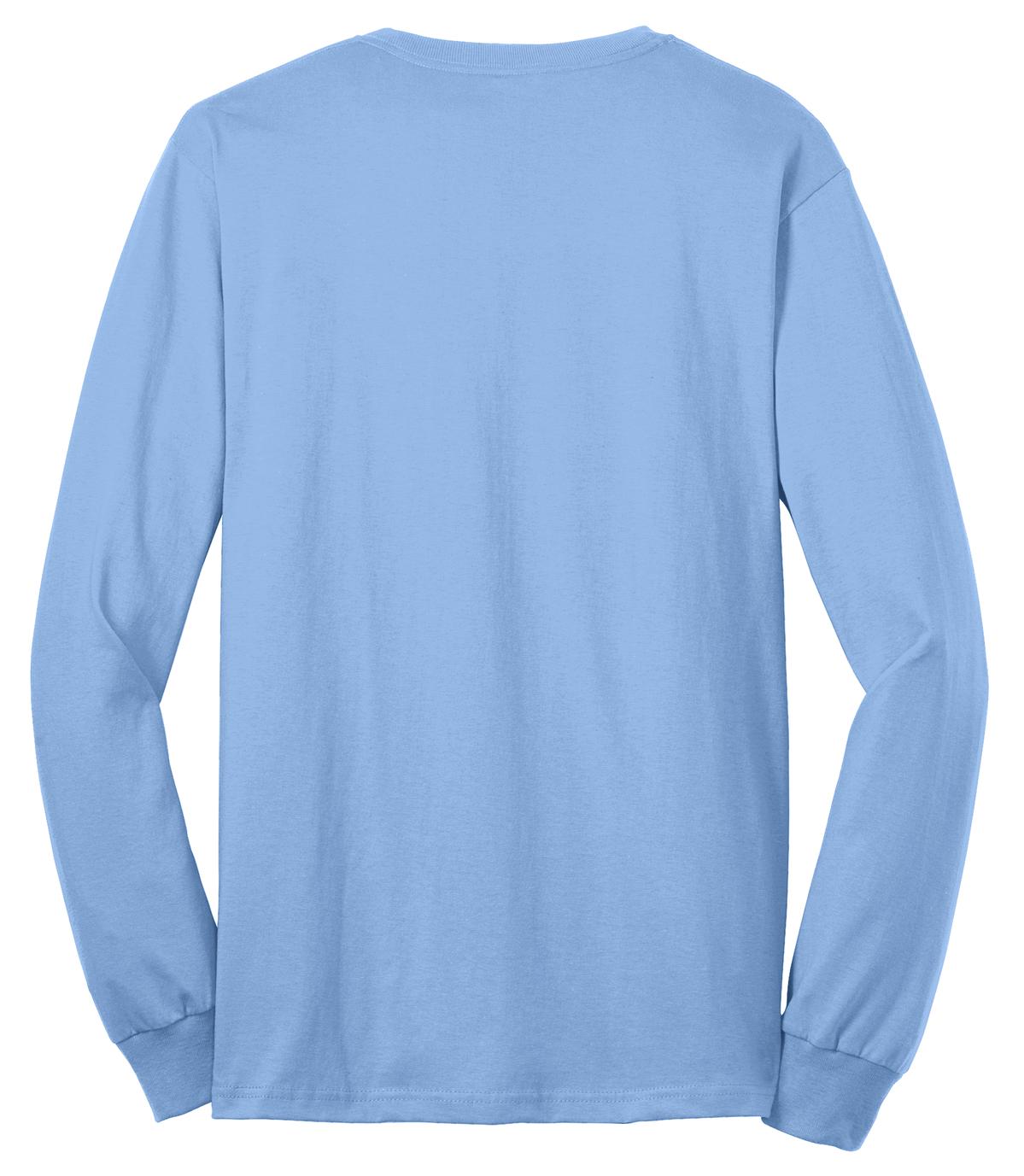 Rear View of Light Blue Port & Co Long Sleeve Core Blend Tee. PC55LS