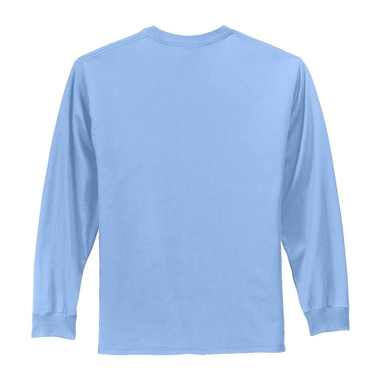 Rear View of Light Blue Port & Co Long Sleeve Essential Tee. PC61LS