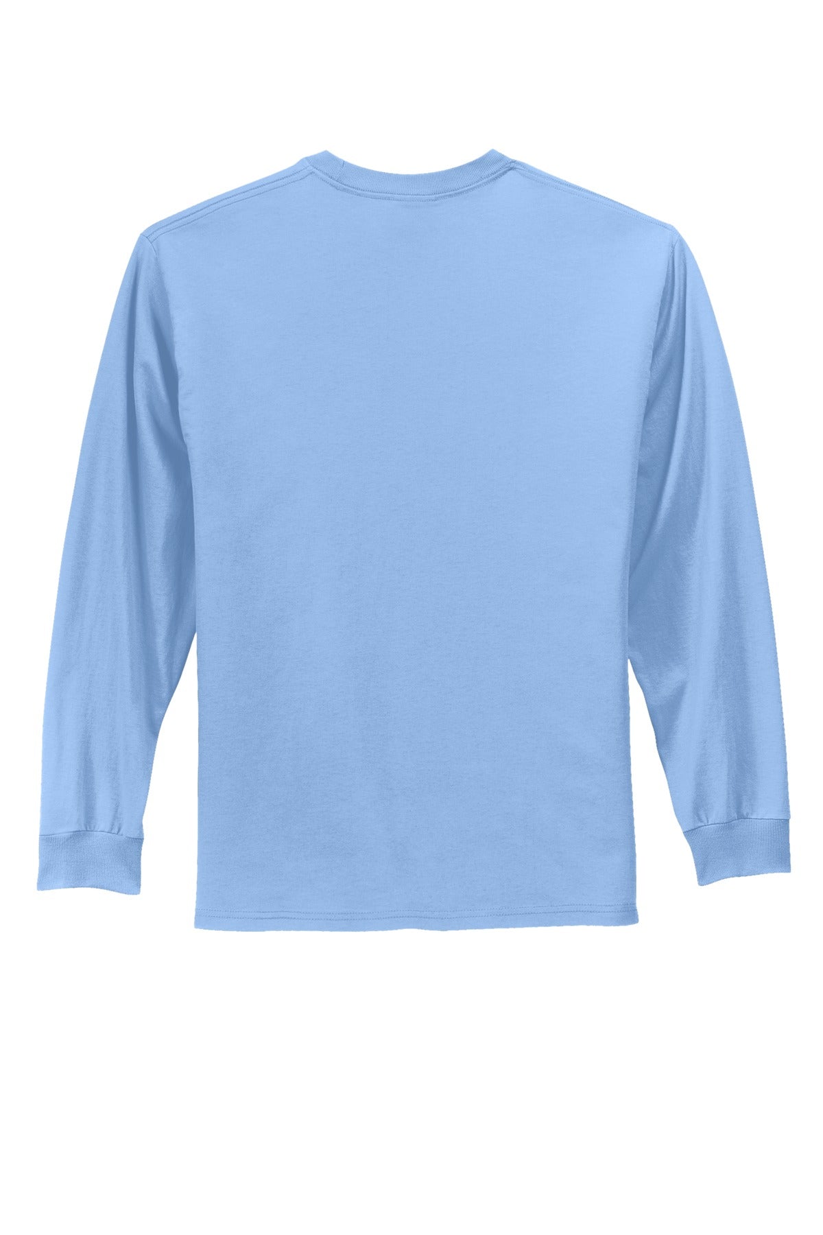 Rear View of Light Blue Port & Co Long Sleeve Essential Tee. PC61LS