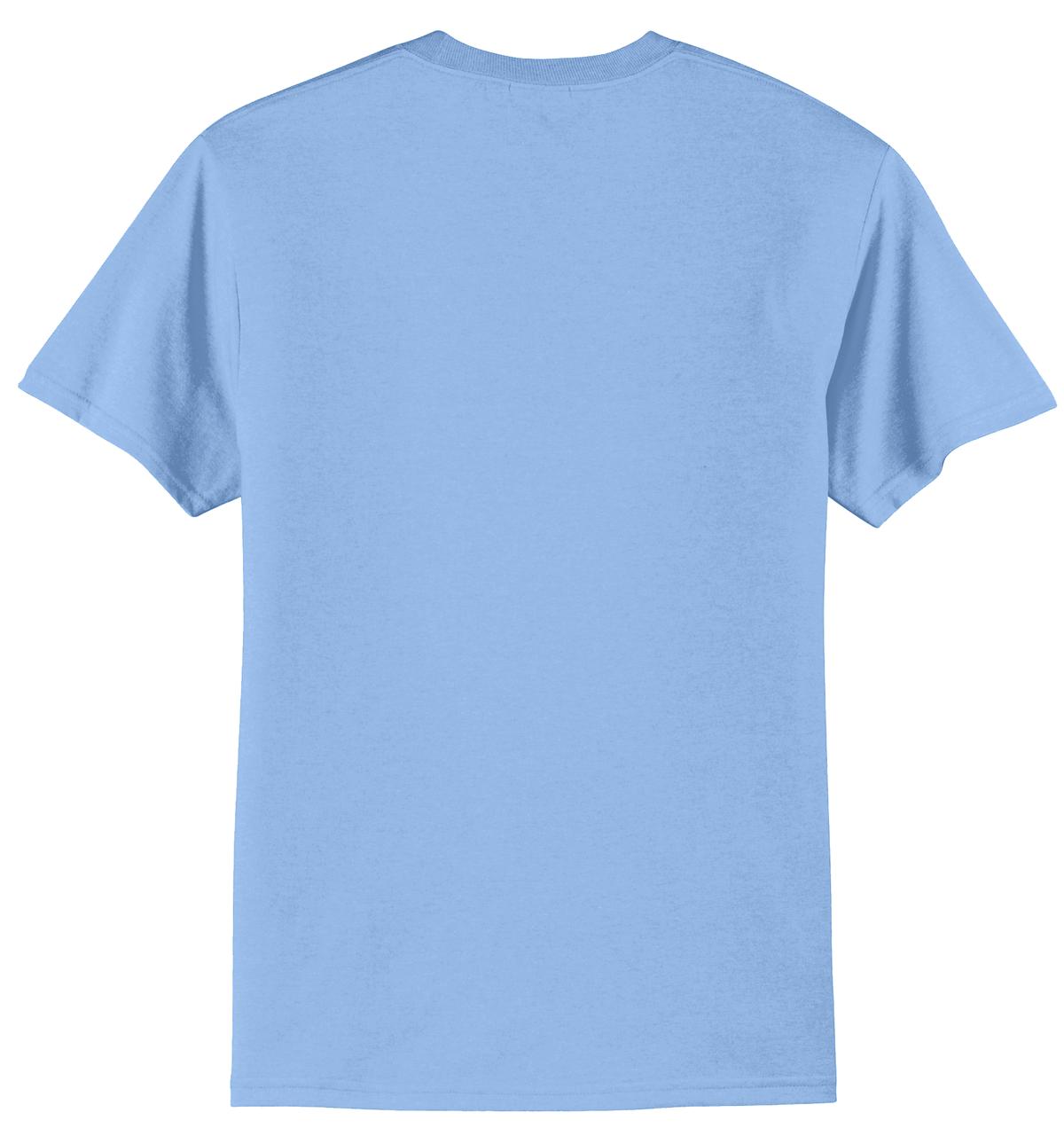 Rear View of Light Blue Port & Co Tall Core Blend Tee. PC55T