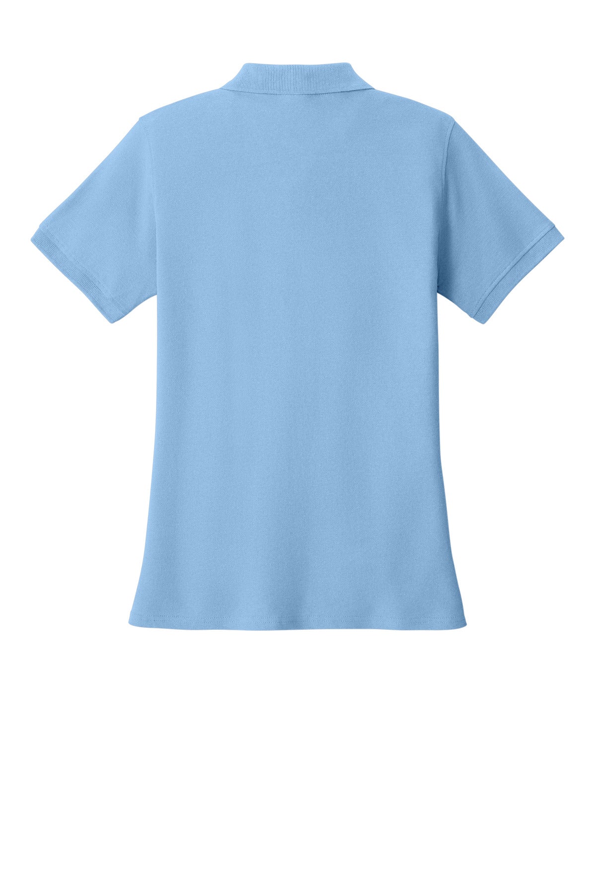 Rear View of Light Blue Port & Co Women's Core Blend Pique Polo. LKP155