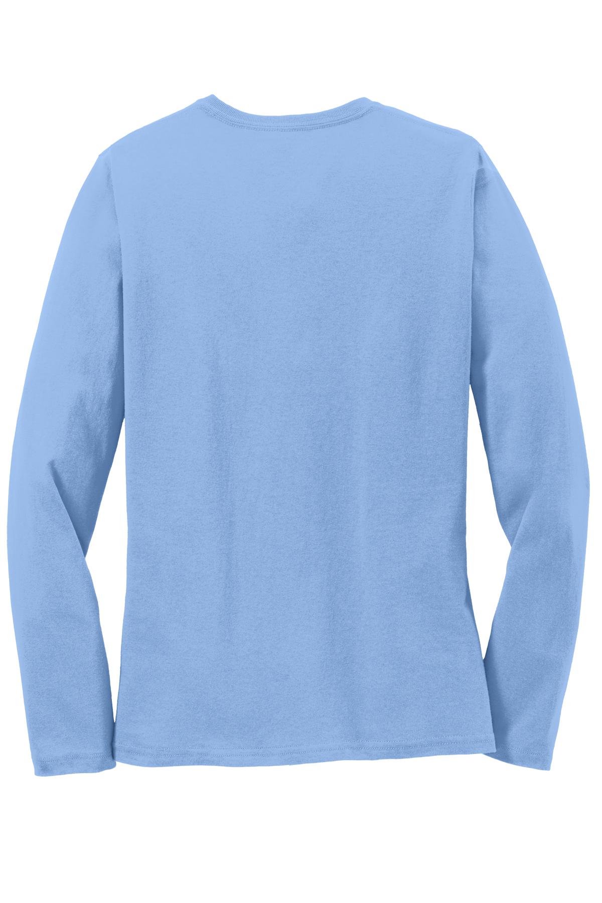 Rear View of Light Blue Port & Co Women's Long Sleeve Core Cotton Tee. LPC54LS