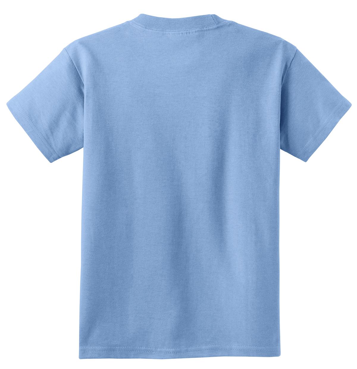 Rear View of Light Blue Port & Co Youth Essential Tee. PC61Y