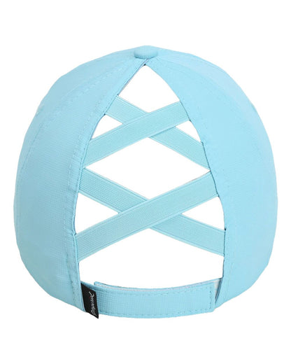 Rear View of Light Blue The Hinsen Women's Performance Ponytail Cap - L338
