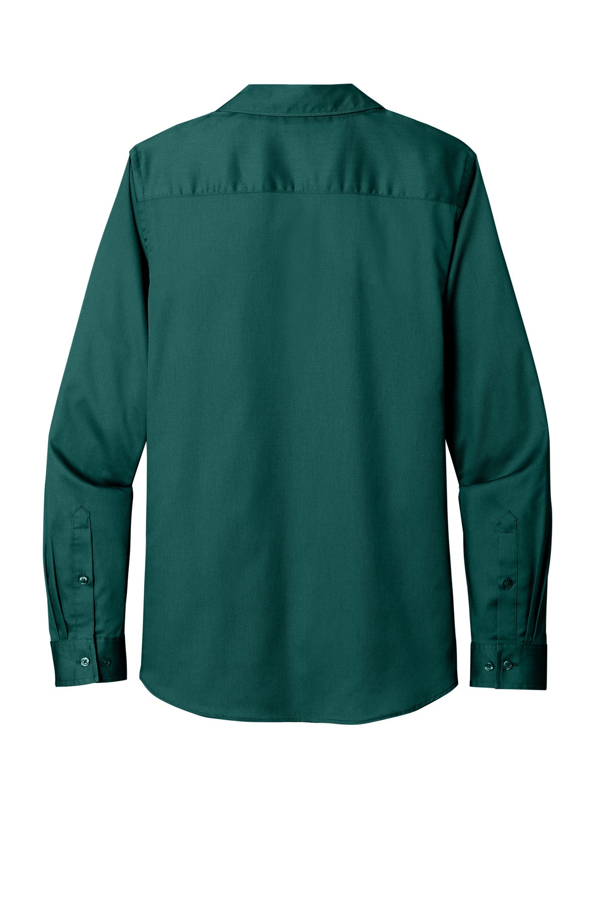 Rear View of MarineGrn Port Authority Women's Long Sleeve SuperPro React Twill Shirt. LW808