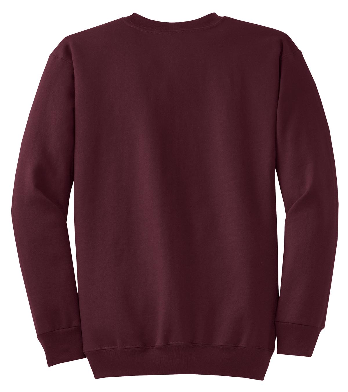 Rear View of Maroon Port & Co Core Fleece Crewneck Sweatshirt. PC78