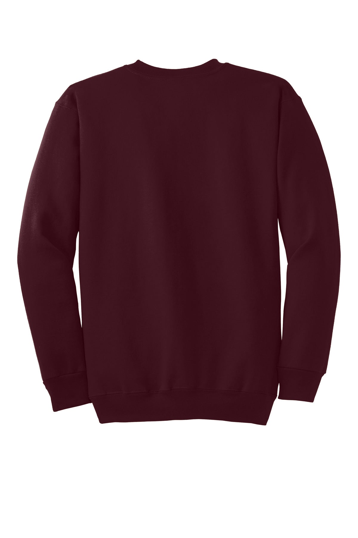Rear View of Maroon Port & Co Essential Fleece Crewneck Sweatshirt. PC90