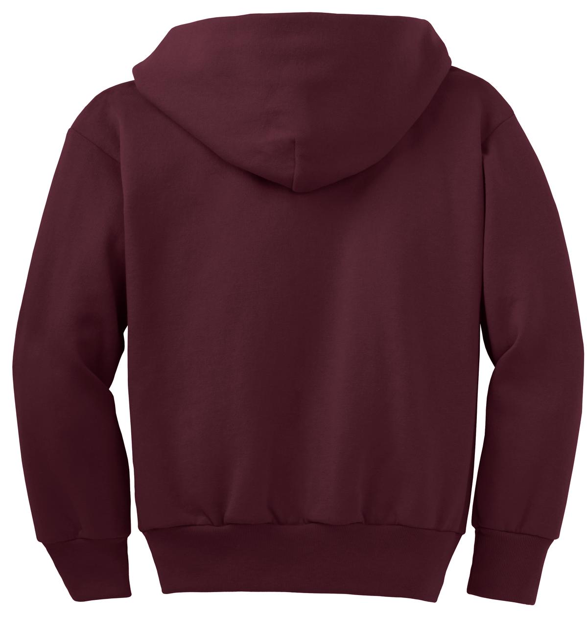 Rear View of Maroon Port & Co Youth Core Fleece Full-Zip Hooded Sweatshirt. PC90YZH