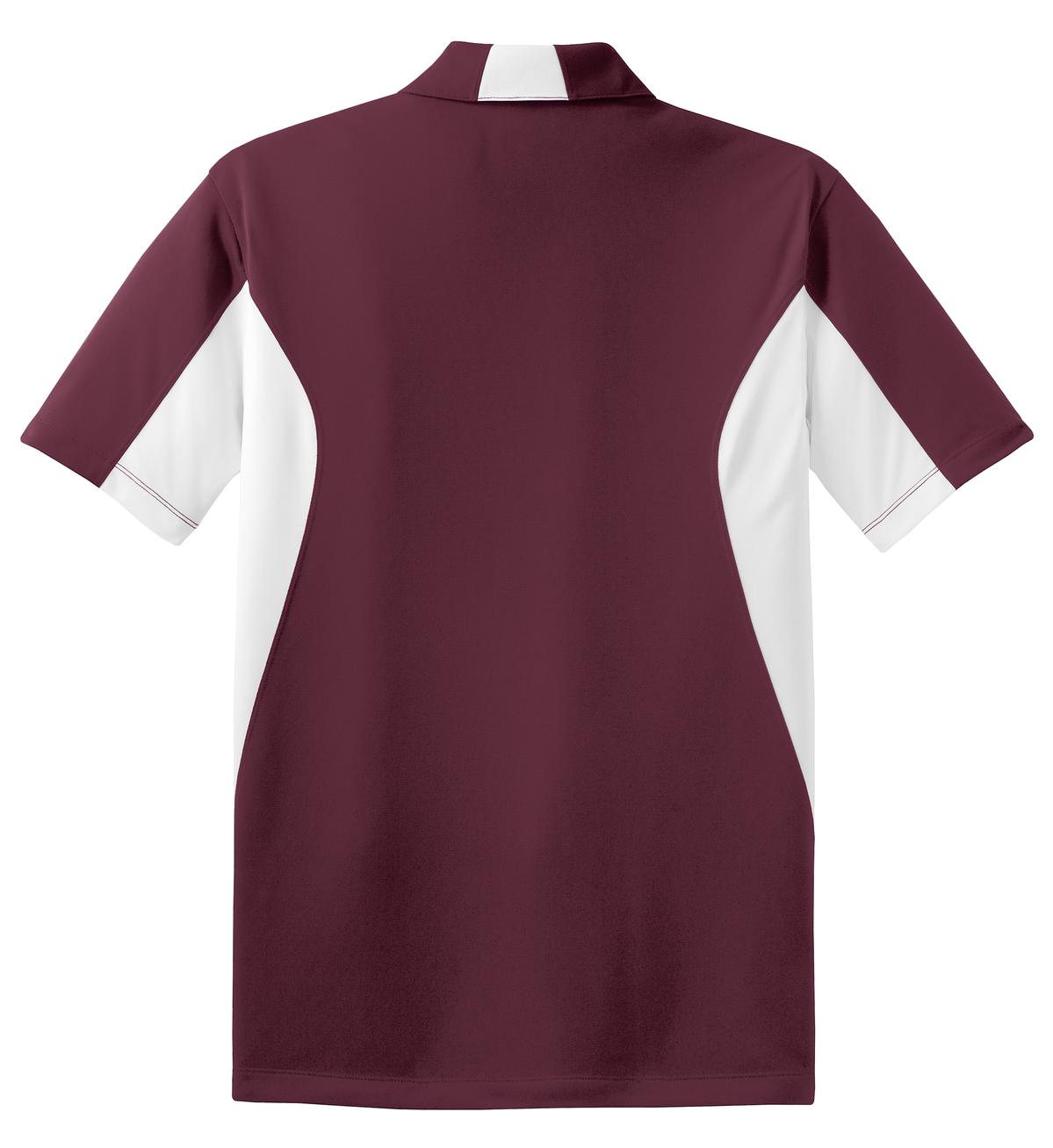 Rear View of Maroon/White Sport-Tek Side Blocked Micropique Sport-Wick Polo. ST655