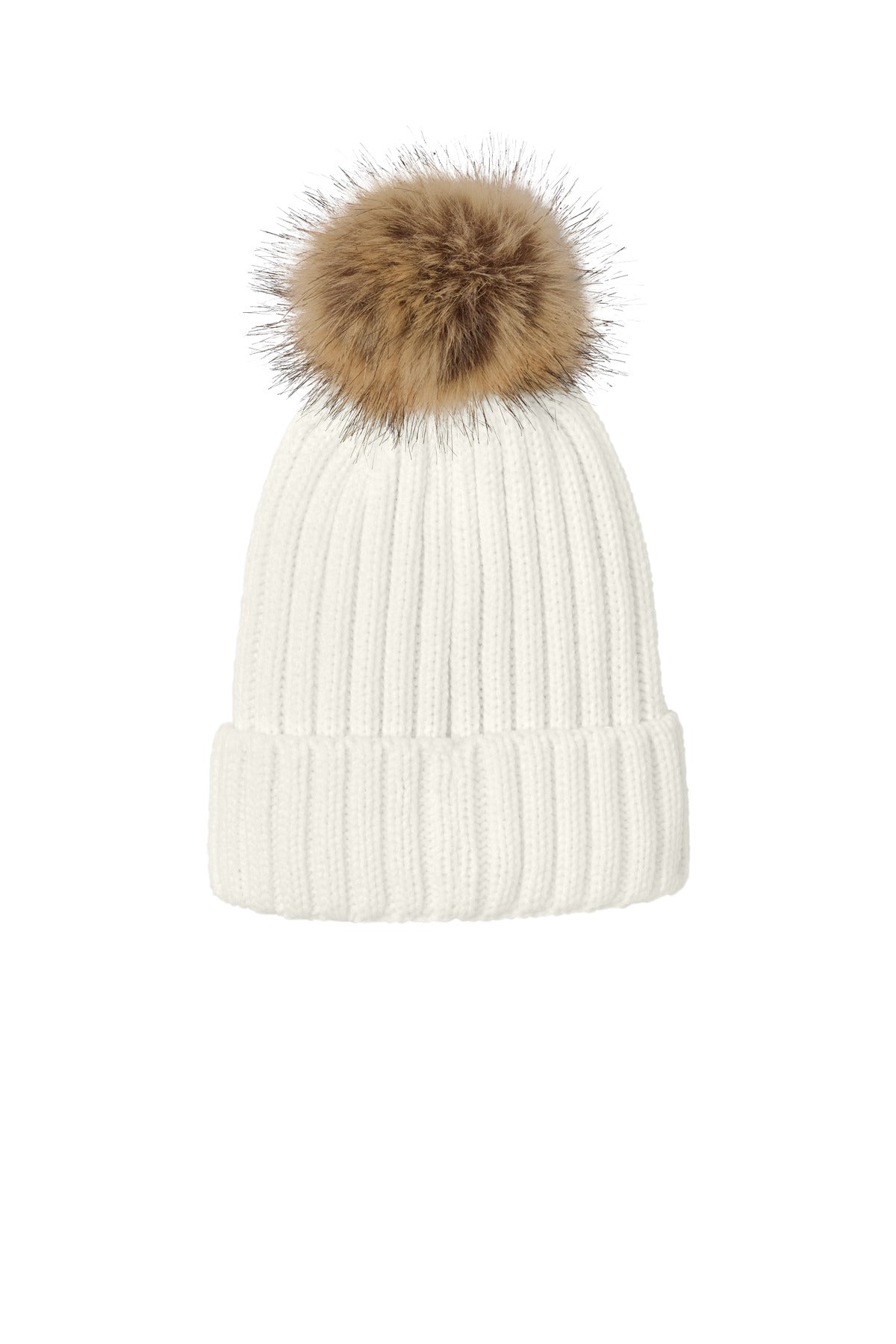 Rear View of Marshmllw Port Authority Faux Fur Pom Beanie C990