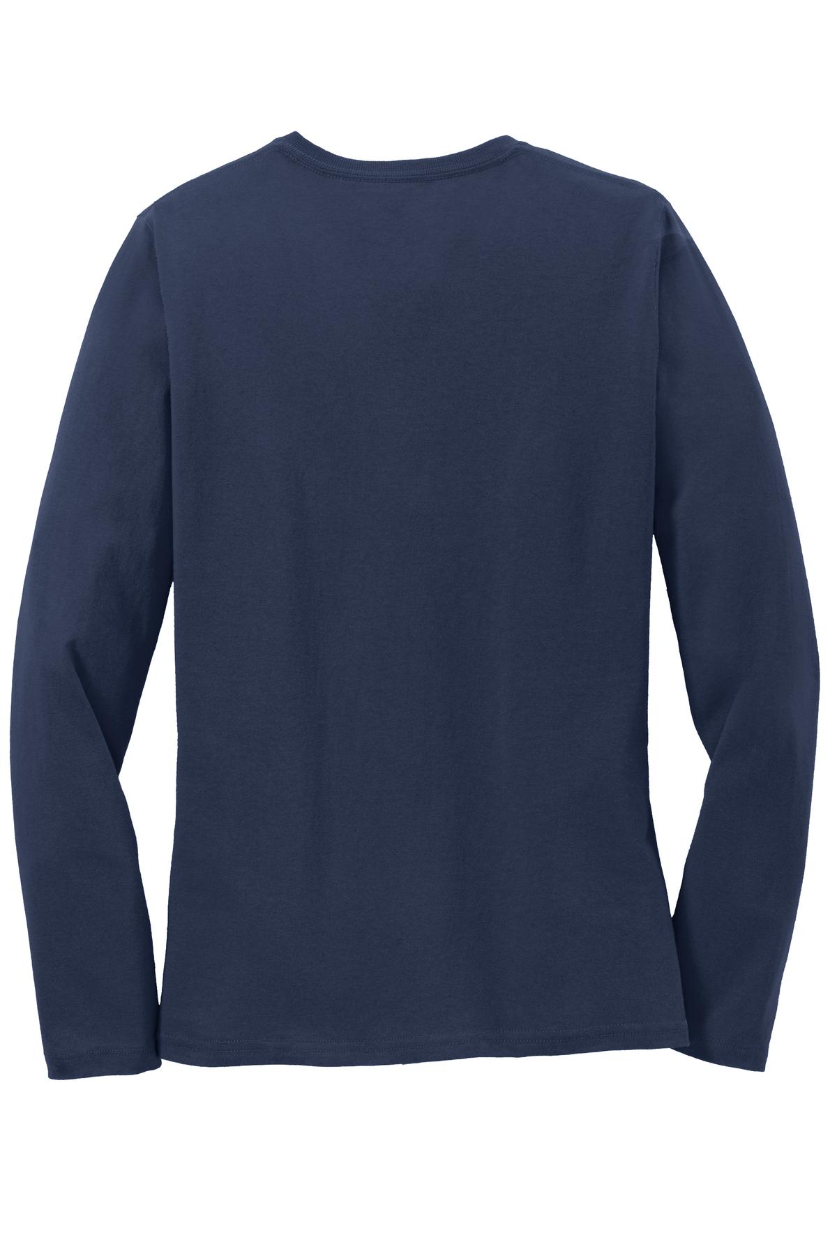 Rear View of Navy Port & Co Women's Long Sleeve Core Cotton Tee. LPC54LS