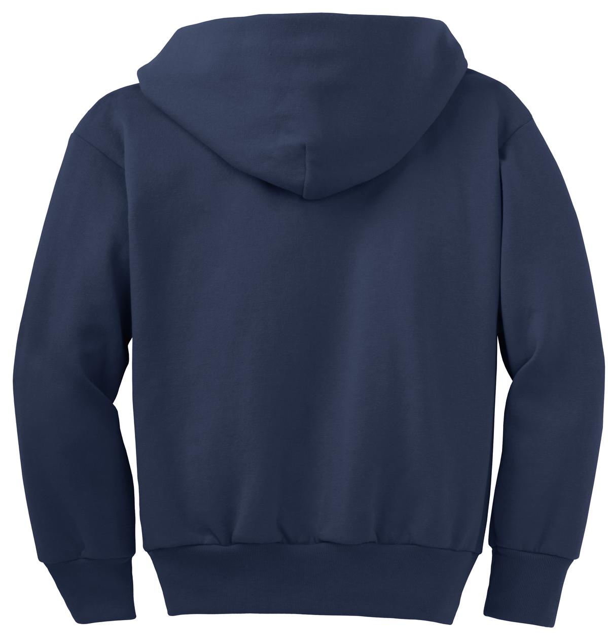 Rear View of Navy Port & Co Youth Core Fleece Full-Zip Hooded Sweatshirt. PC90YZH