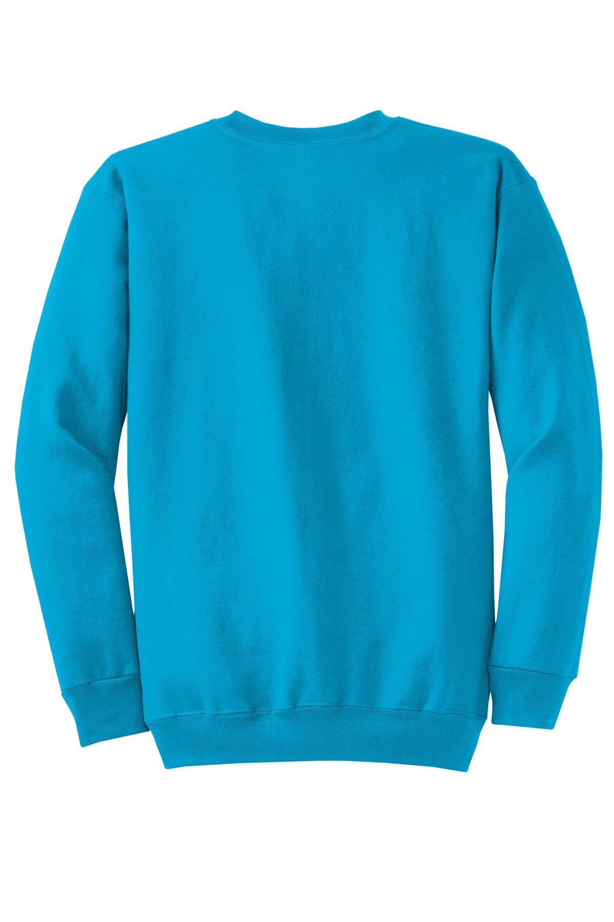 Rear View of Neon Blue Port & Co Core Fleece Crewneck Sweatshirt. PC78