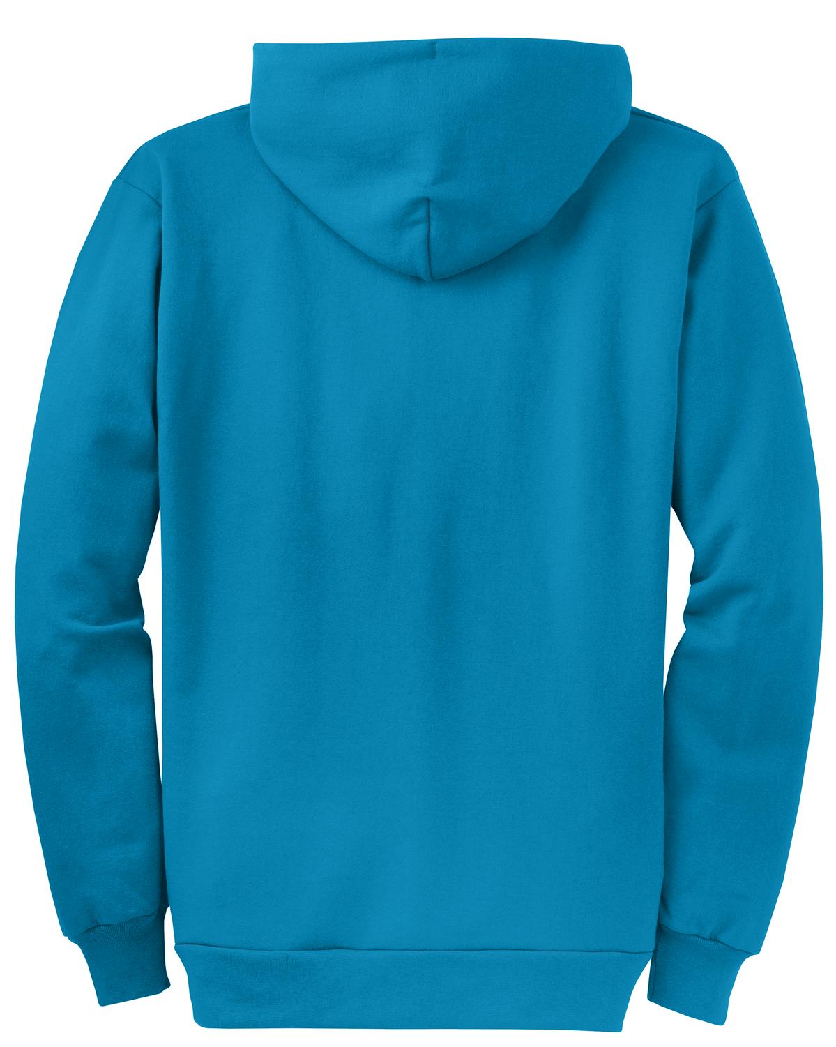 Rear View of Neon Blue Port & Co Core Fleece Full-Zip Hooded Sweatshirt. PC78ZH