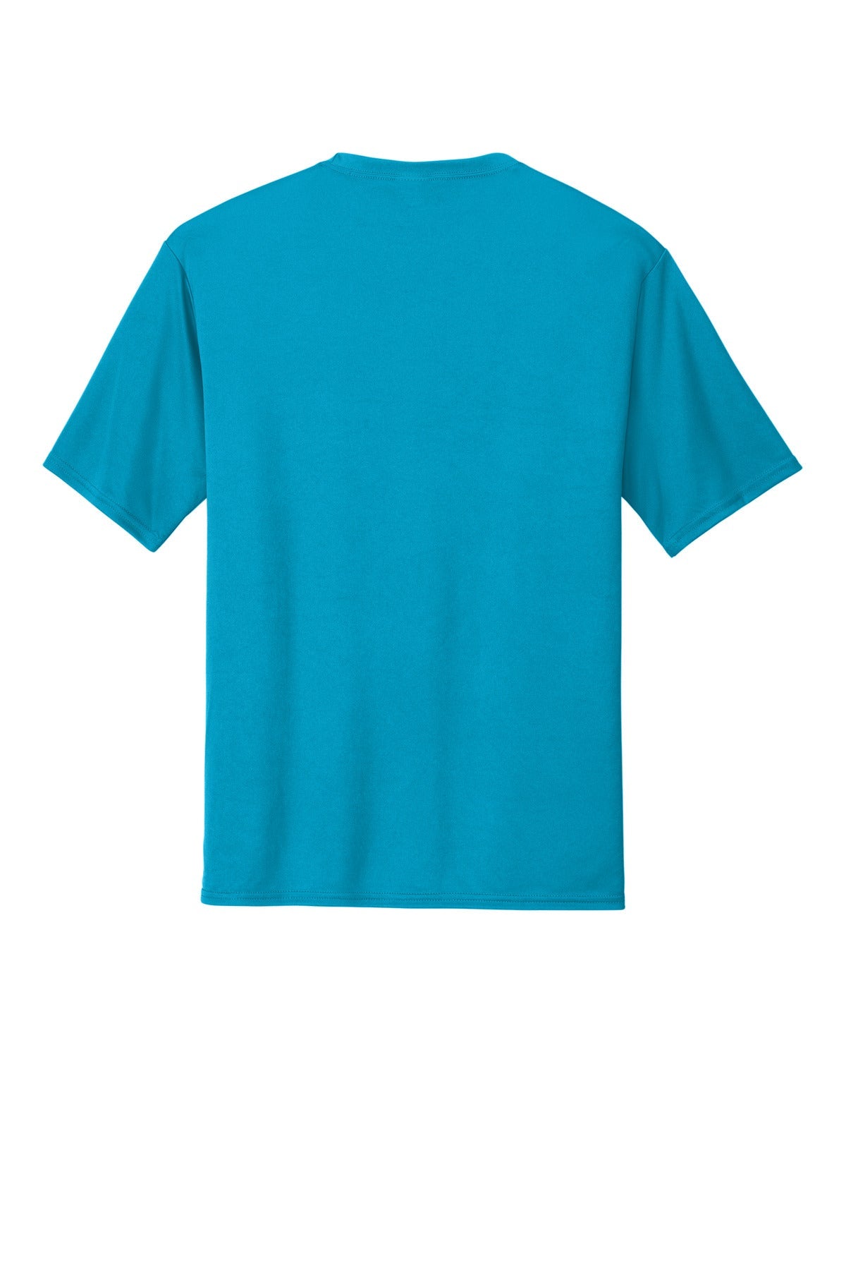 Rear View of Neon Blue Port & Co Performance Tee. PC380