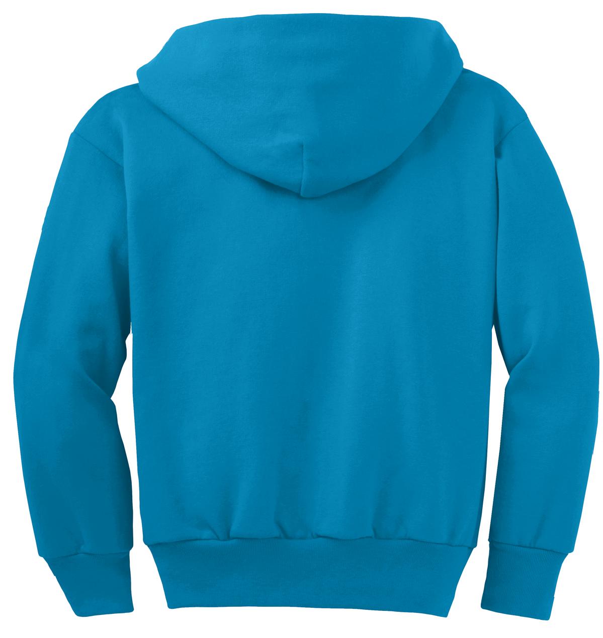 Rear View of Neon Blue Port & Co Youth Core Fleece Full-Zip Hooded Sweatshirt. PC90YZH