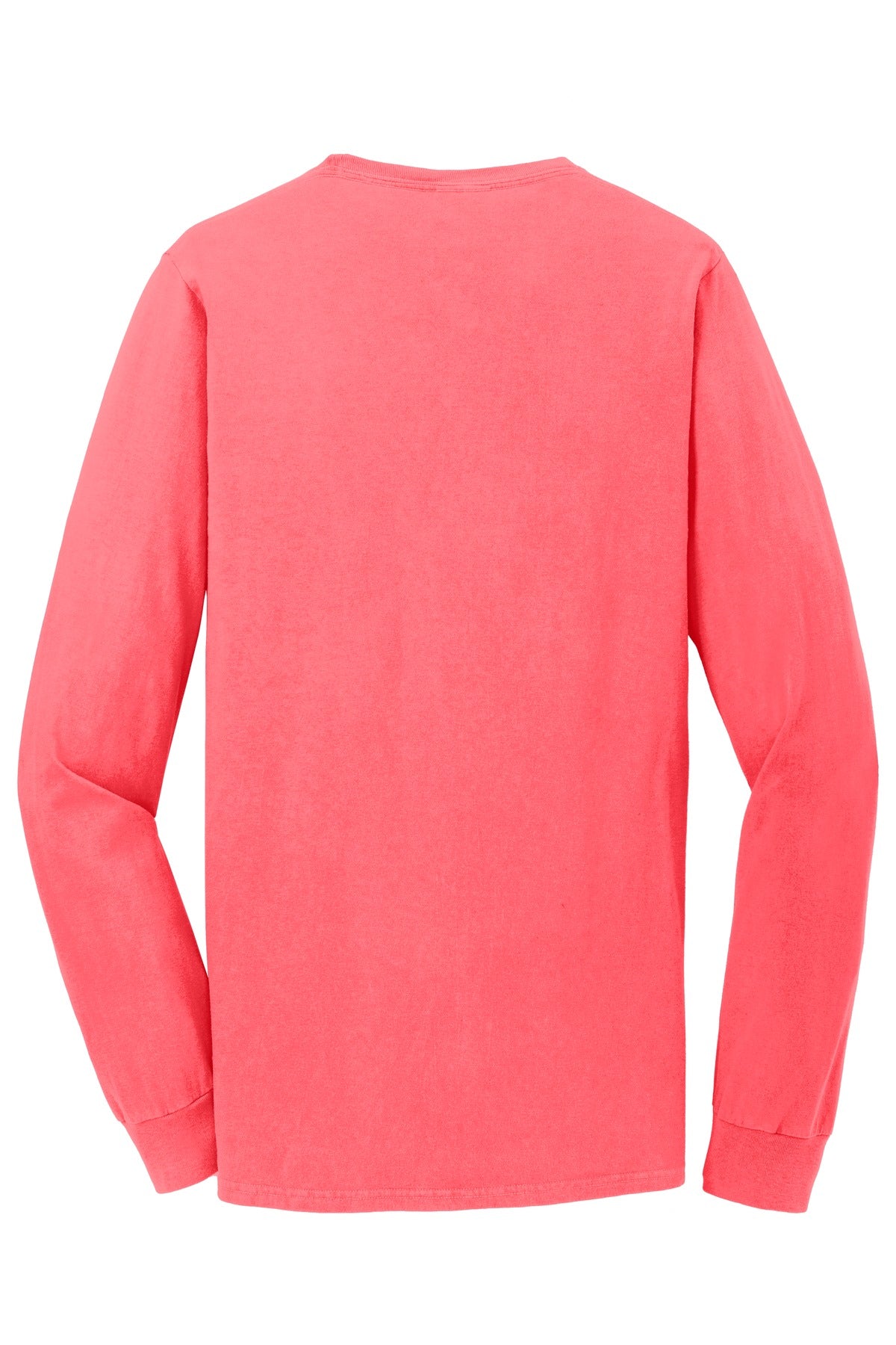 Rear View of Neon Coral Port & Co Beach Wash Garment-Dyed Long Sleeve Tee PC099LS