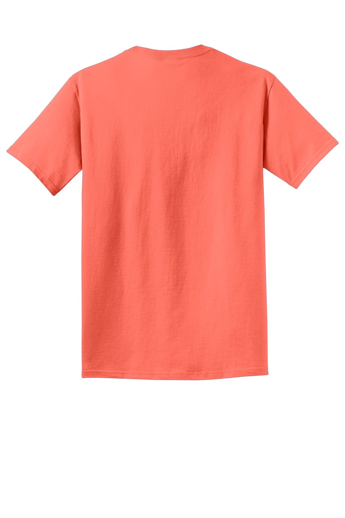 Rear View of Neon Coral Port & Co Beach Wash Garment-Dyed Tee. PC099