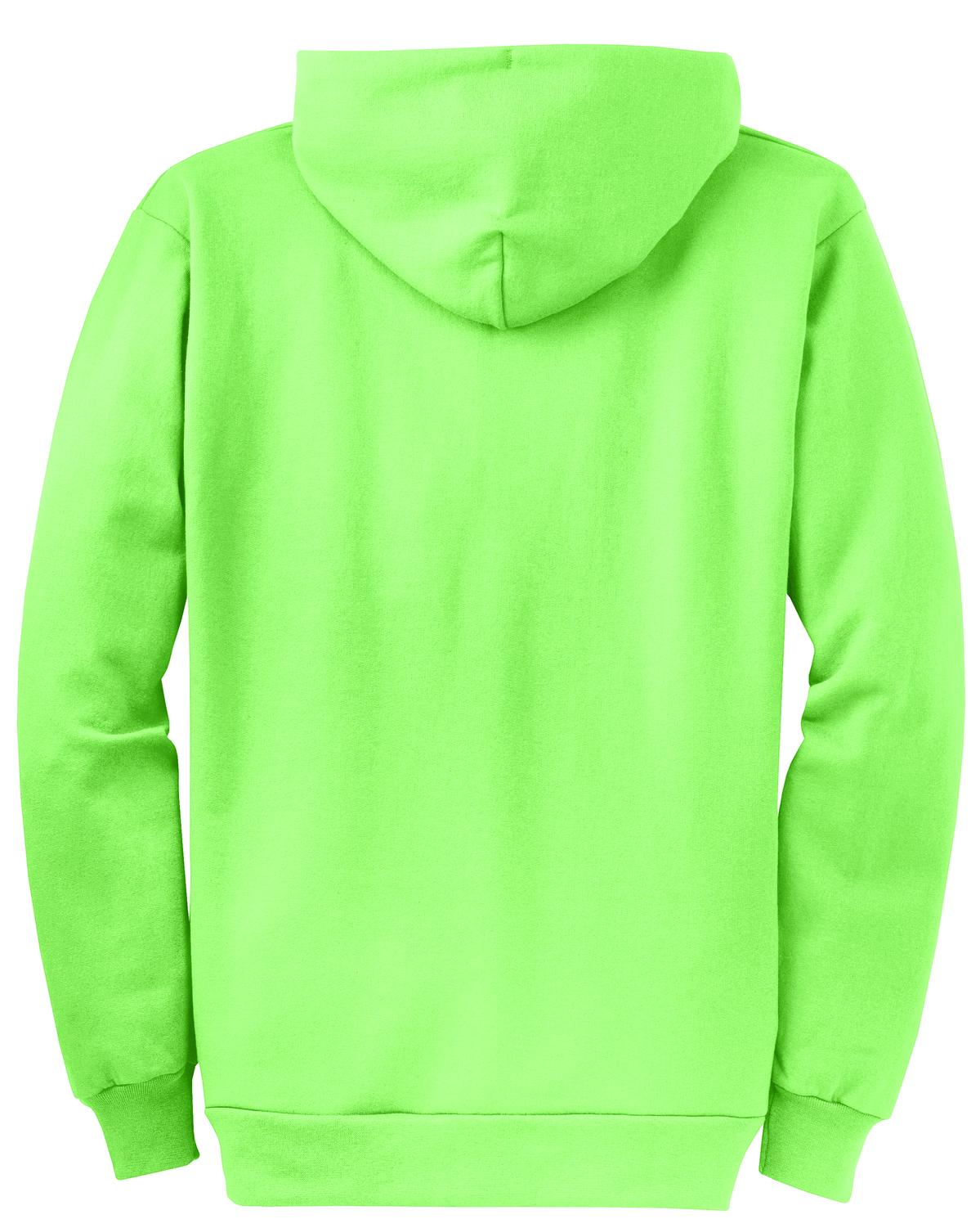 Rear View of Neon Green Port & Co Core Fleece Full-Zip Hooded Sweatshirt. PC78ZH