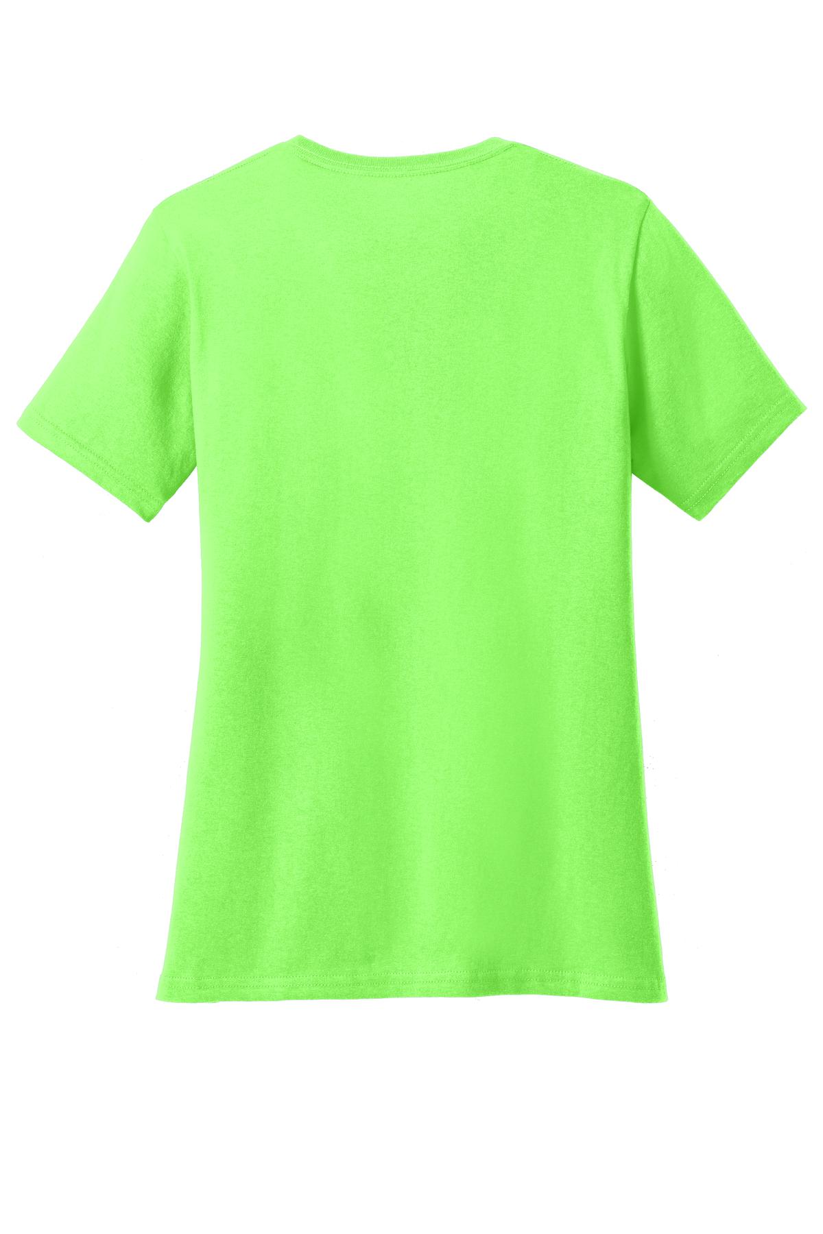 Rear View of Neon Green Port & Co Women's Core Cotton V-Neck Tee. LPC54V