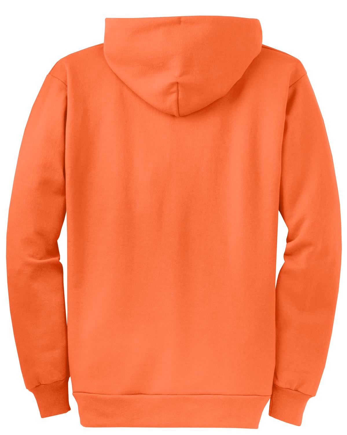 Rear View of Neon Orange Port & Co Core Fleece Full-Zip Hooded Sweatshirt. PC78ZH