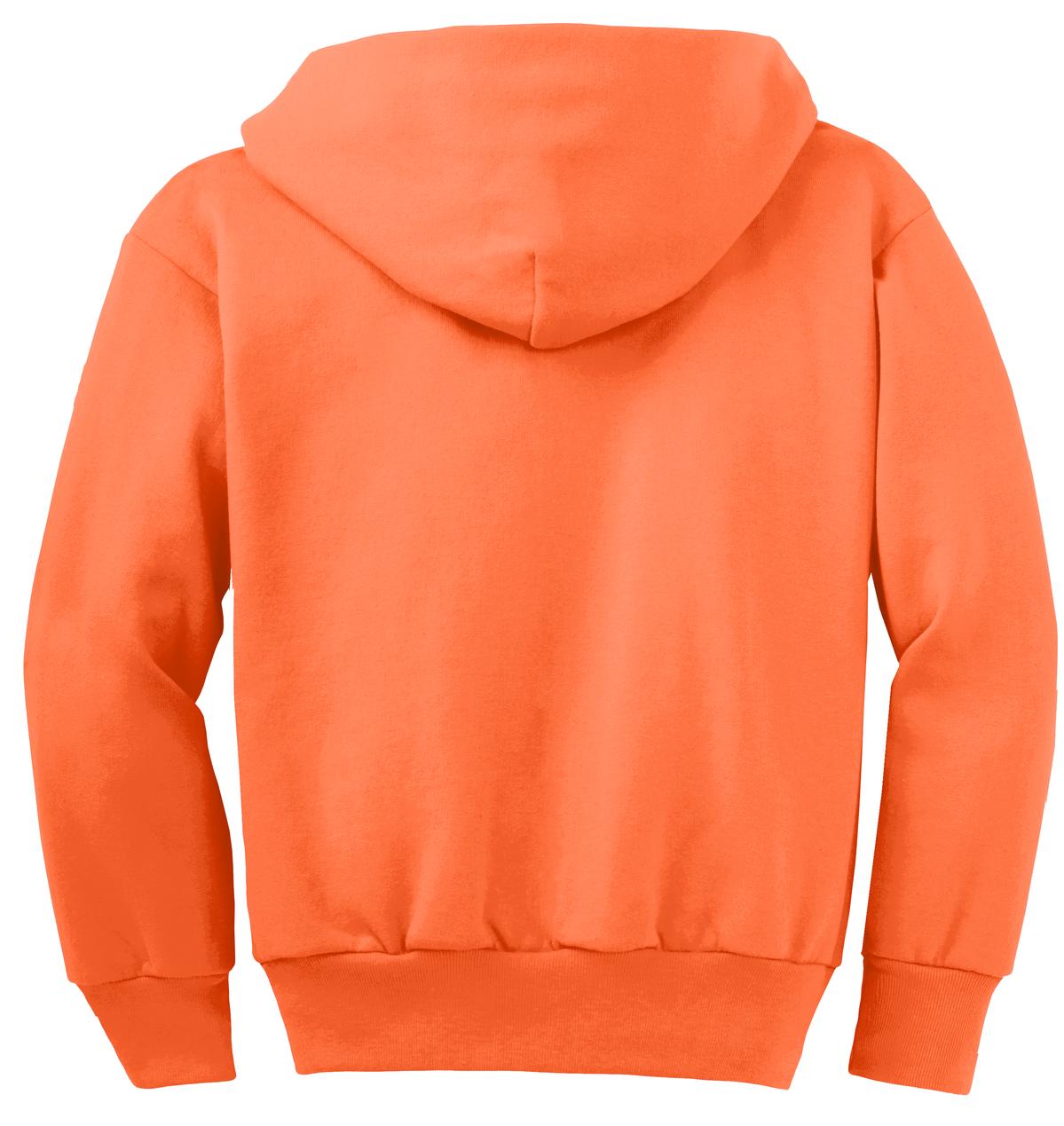 Rear View of Neon Orange Port & Co Youth Core Fleece Full-Zip Hooded Sweatshirt. PC90YZH