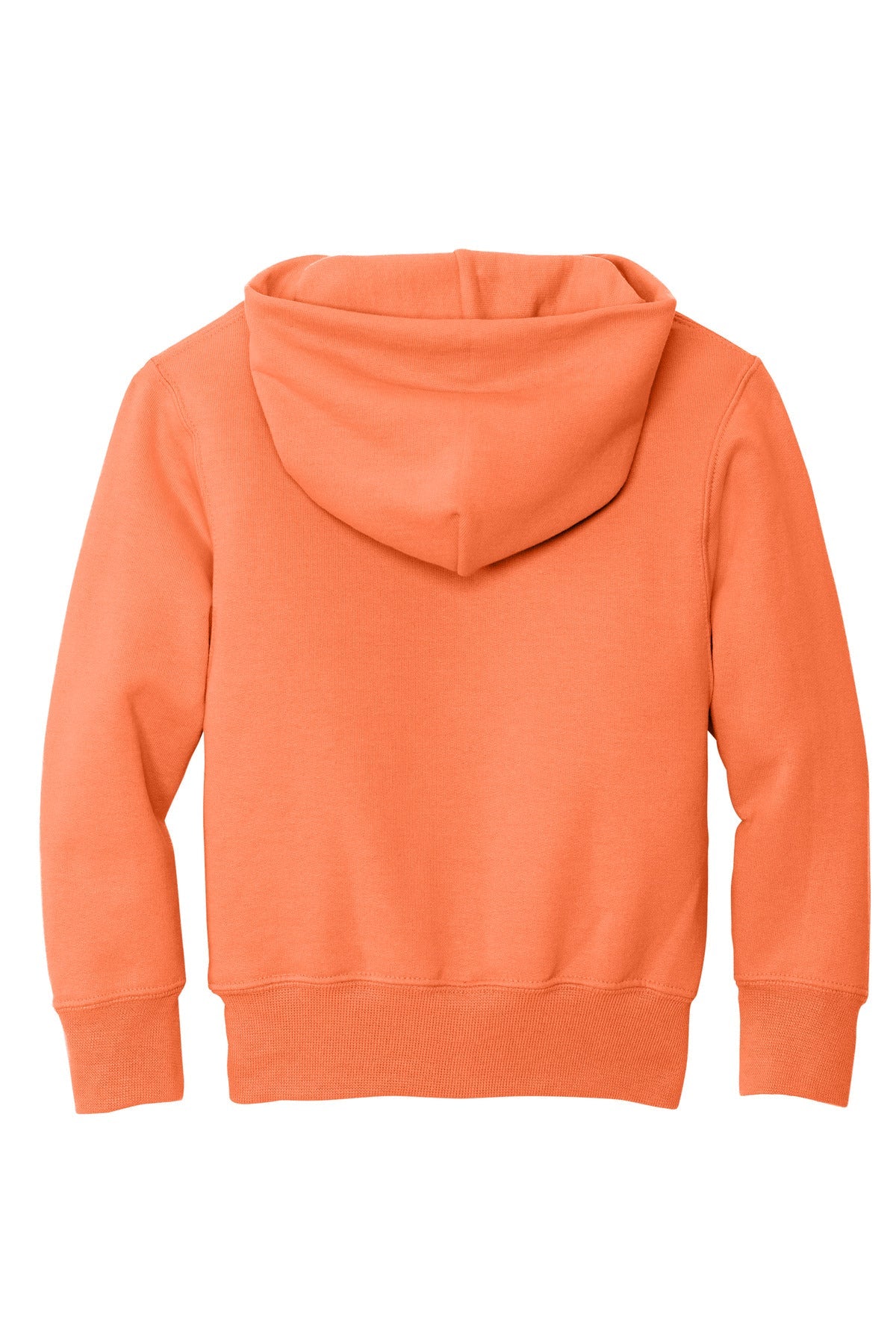Rear View of Neon Orange Port & Co Youth Core Fleece Pullover Hooded Sweatshirt. PC90YH