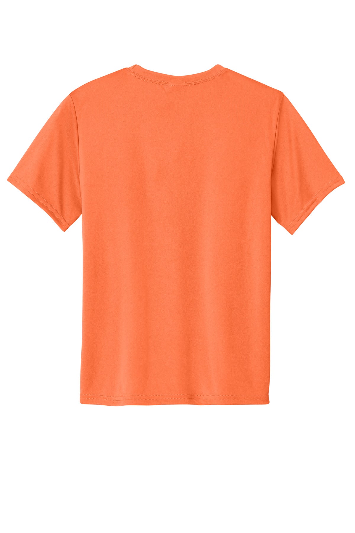 Rear View of Neon Orange Port & Co Youth Performance Tee. PC380Y