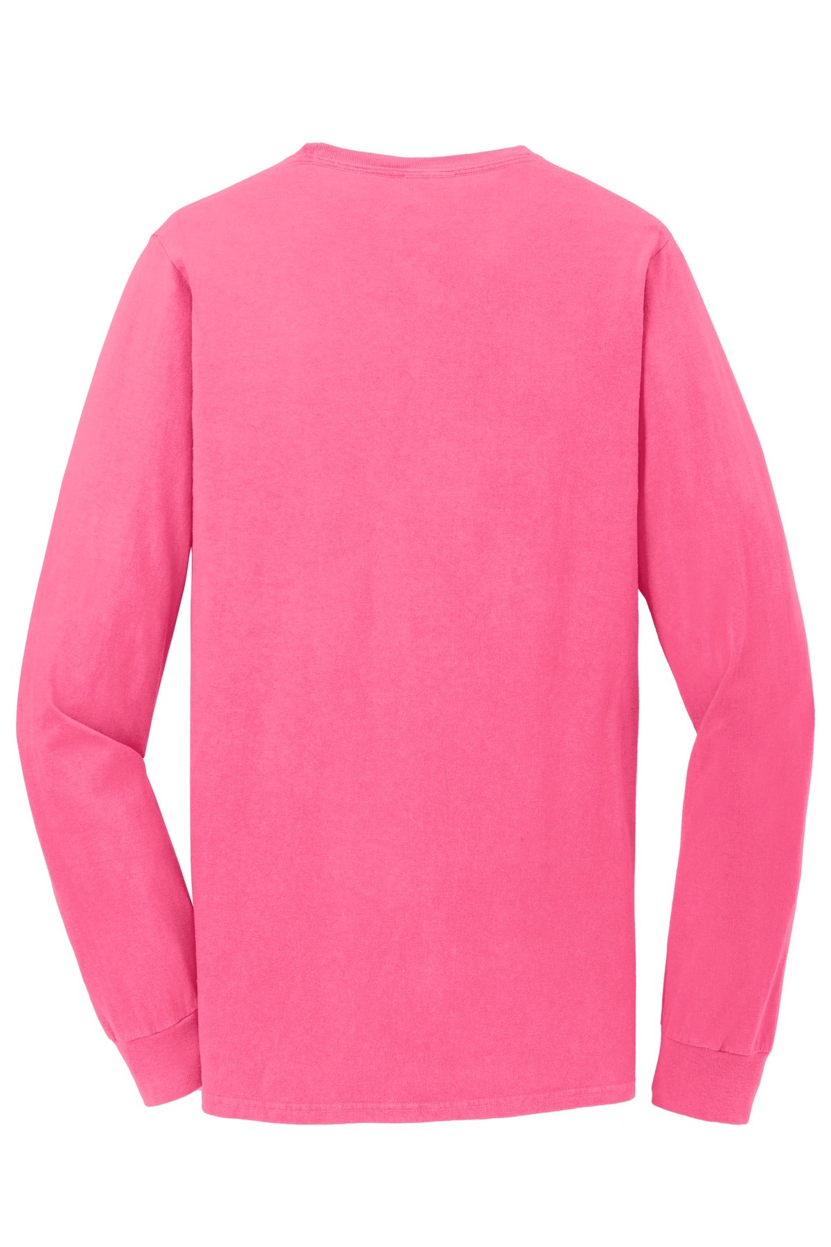 Rear View of Neon Pink Port & Co Beach Wash Garment-Dyed Long Sleeve Tee PC099LS