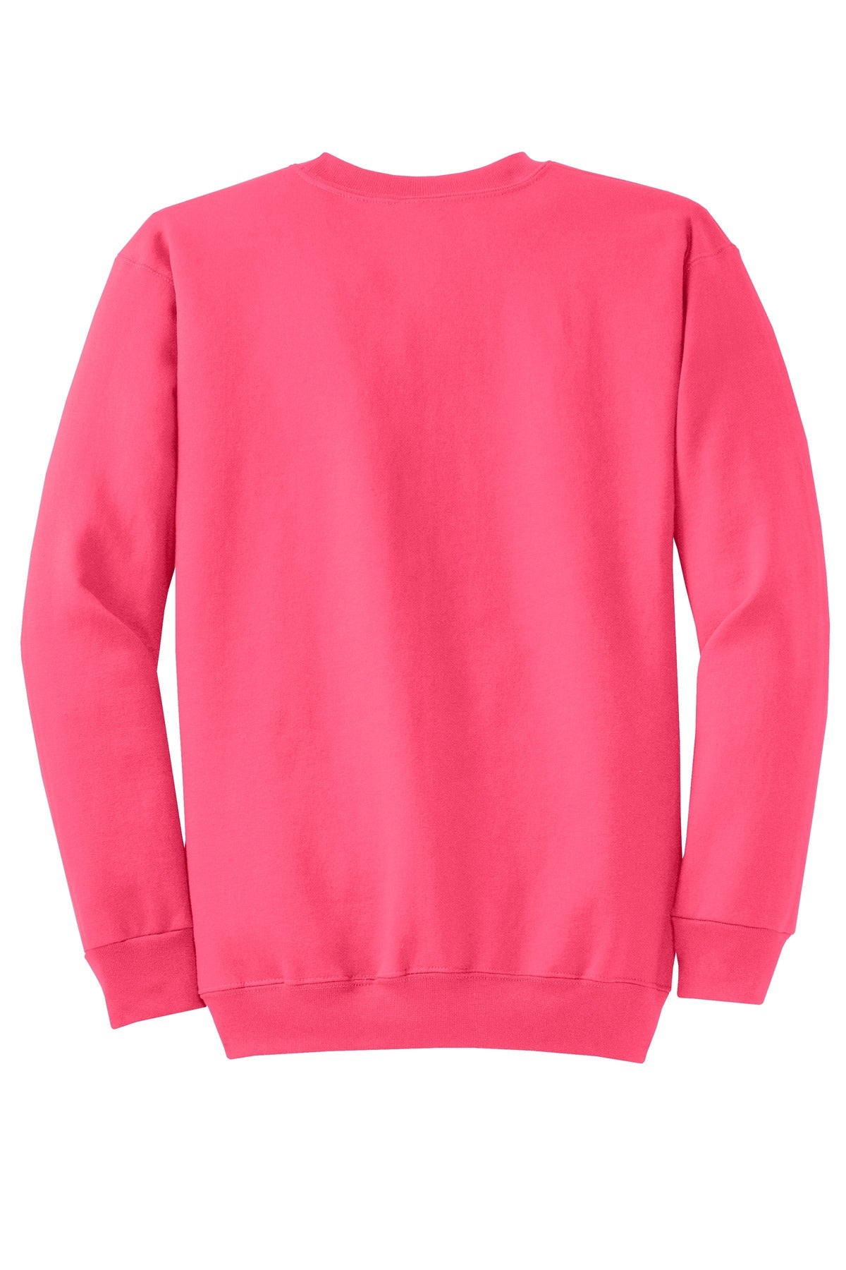 Rear View of Neon Pink Port & Co Core Fleece Crewneck Sweatshirt. PC78