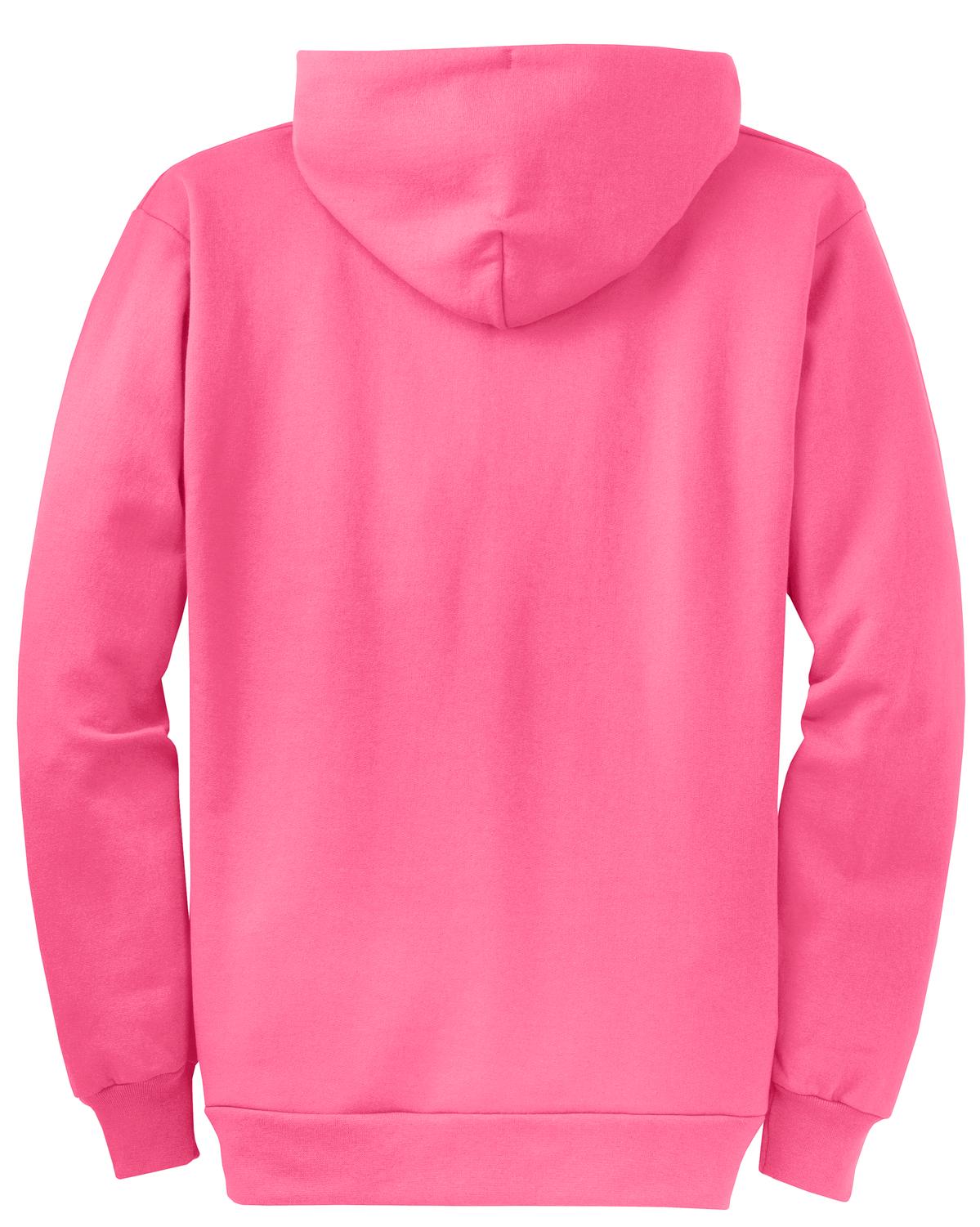 Rear View of Neon Pink Port & Co Core Fleece Full-Zip Hooded Sweatshirt. PC78ZH