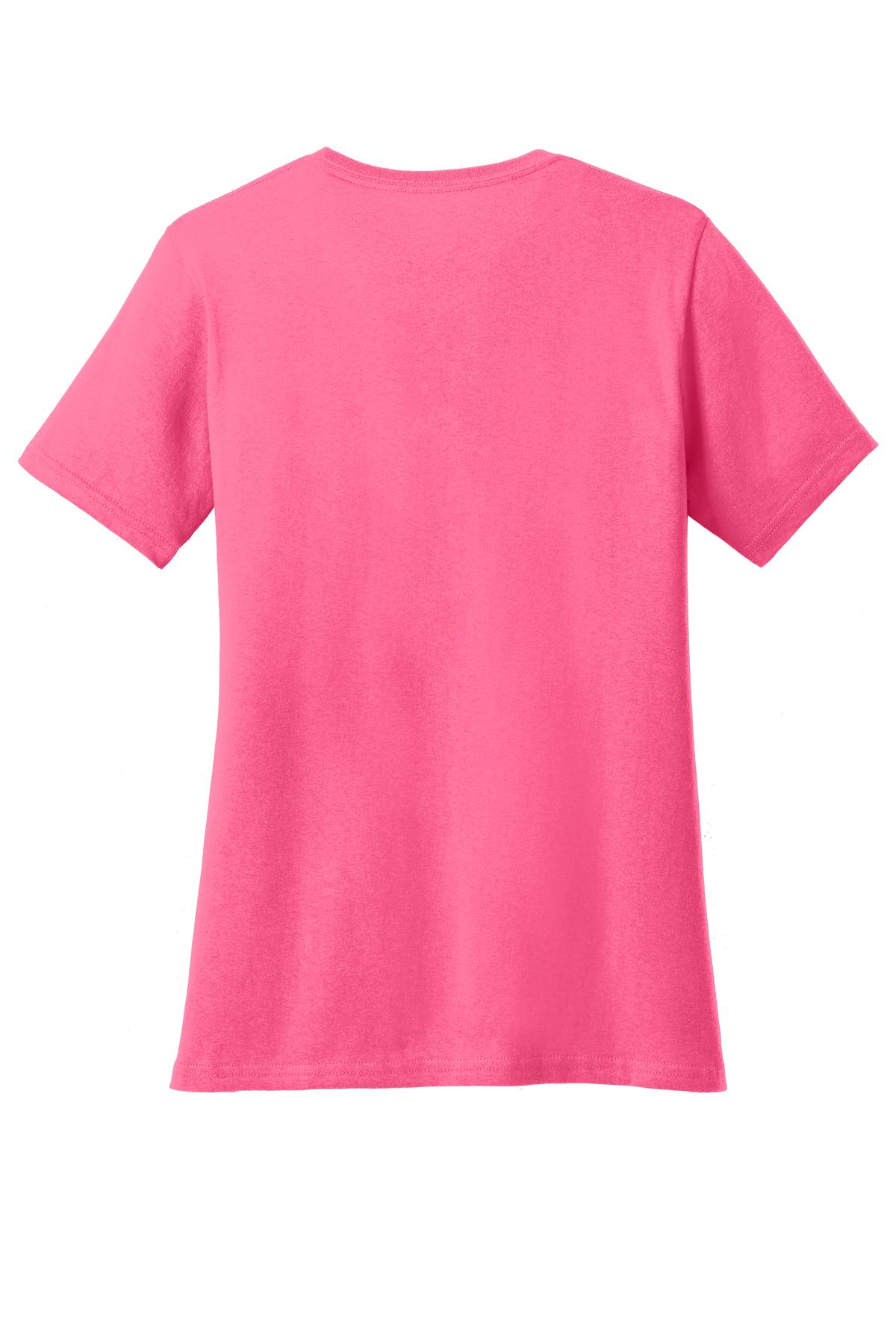 Rear View of Neon Pink Port & Co Women's Core Cotton V-Neck Tee. LPC54V