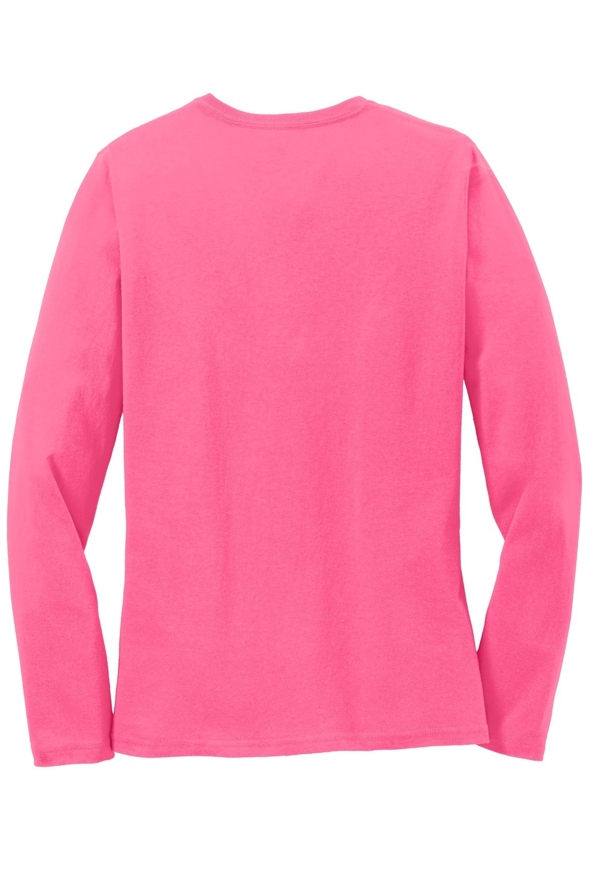 Rear View of Neon Pink Port & Co Women's Long Sleeve Core Cotton Tee. LPC54LS
