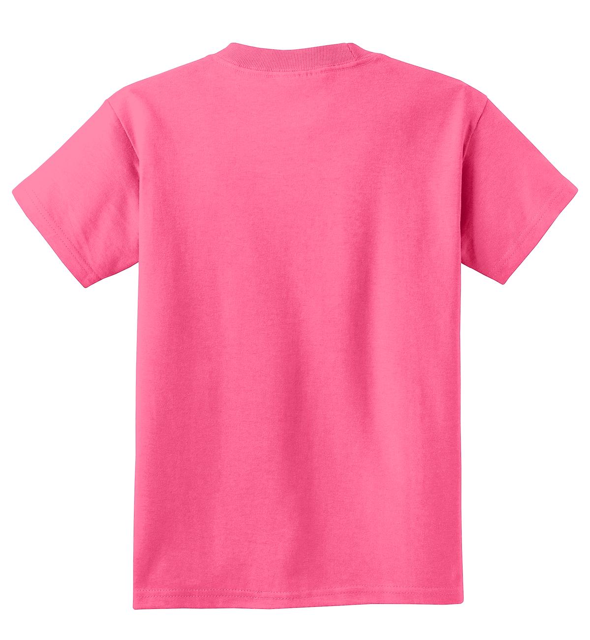 Rear View of Neon Pink Port & Co Youth Core Cotton Tee. PC54Y